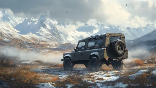 Explorer’s truck pauses beneath brooding winter peaks.