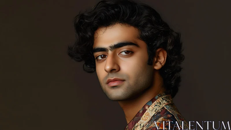Studio portrait of young man with curly dark hair.