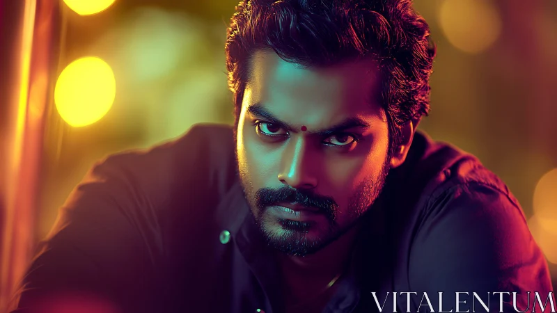 Intense close up portrait of serious man in neon light