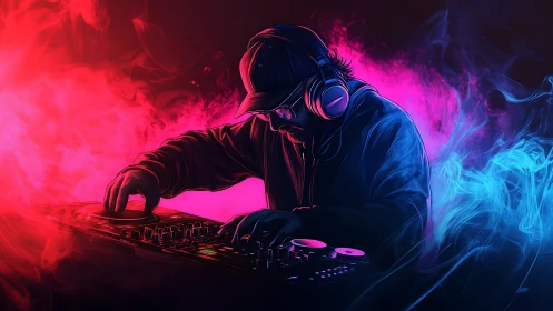 Neon shrouded DJ mixing under vivid red and blue plumes.