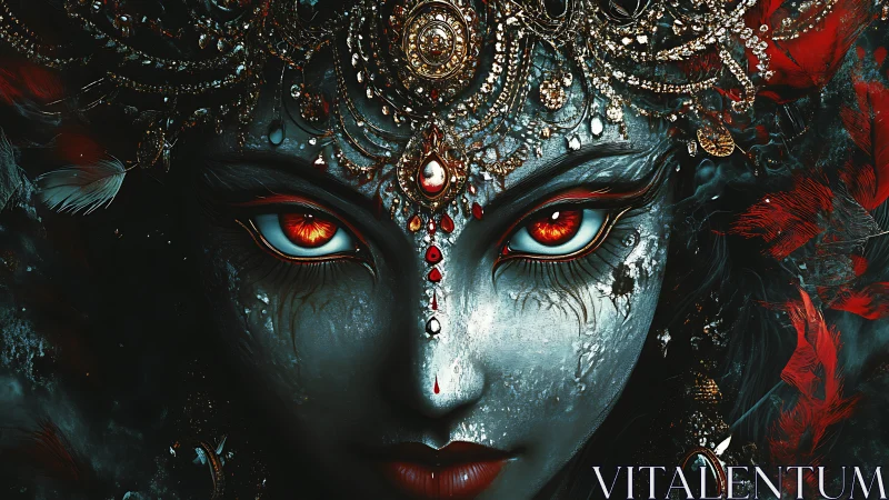 Digital painting portrait of jeweled crimson-eyed goddess visage.