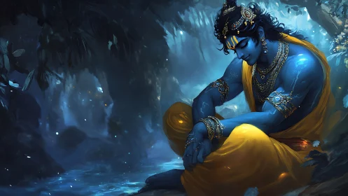 Moonlit blue deity curls into golden quiet beneath trees