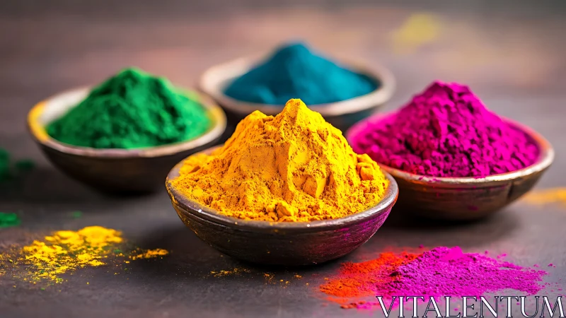 Photorealistic pigment bowls in saturated chromatic arrangement.