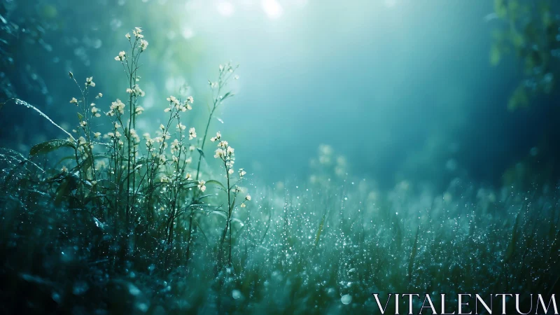 Dewlit wildflowers glow through soft cyan morning haze.