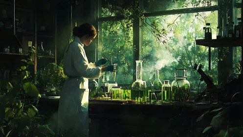 Biologist in verdant lab merging science with overgrown nature.