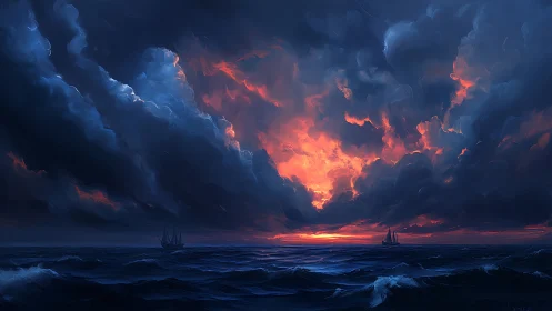 Storm-lit seascape glows beneath a fiery twilight sky.