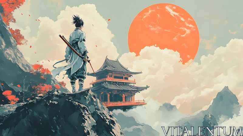 Samurai figure overlooking mountain temple at large sun.