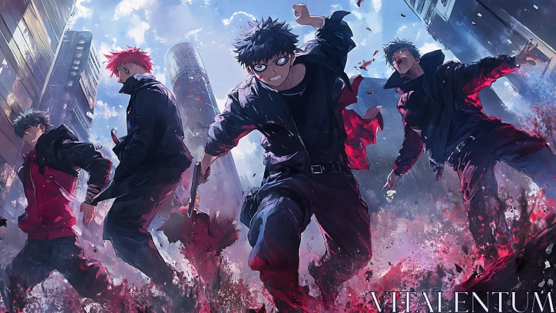 Urban anime fighters charge through erupting crimson energy.