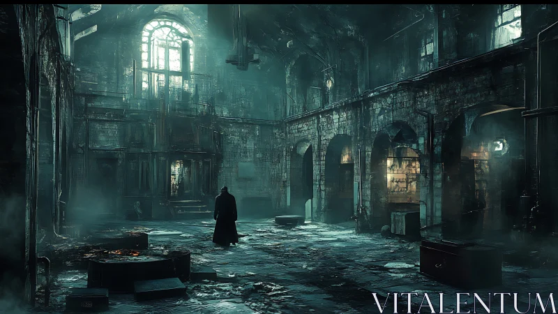 Lone figure crosses ruined industrial hall under cold light