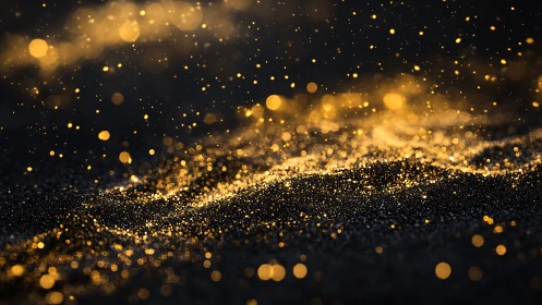 Gold light particles forming abstract wave on dark field.