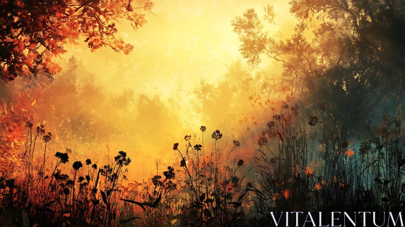 Sunlit autumn meadow with silhouetted wild grasses.