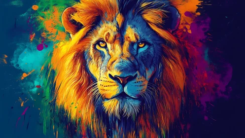 Chromatic lion portrait with high-saturation digital brushwork.