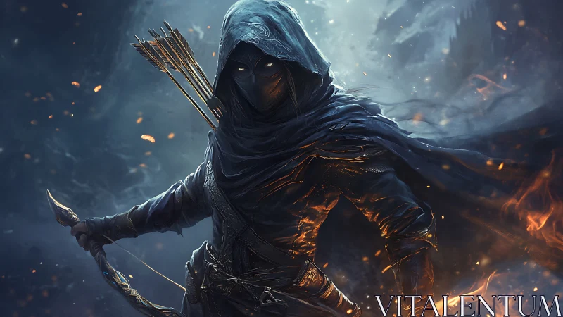 Hooded shadow archer emerges from swirling embers and mist.
