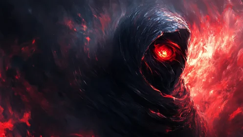 Hooded infernal wraith glares through swirling crimson fire