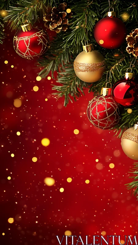 Red background with gold ornaments on evergreen branch.