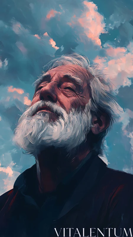 Elderly man with white beard under glowing sunset clouds.