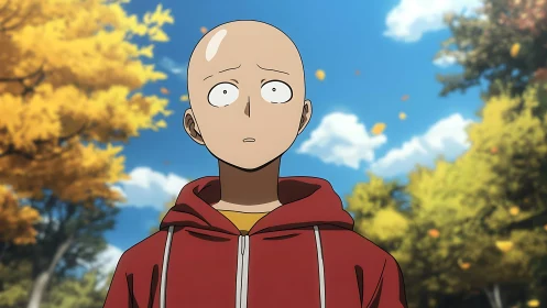 Bald anime hero in red hoodie under bright autumn sky.