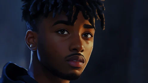 Moody digital portrait of young man in rim-lit three-quarter view