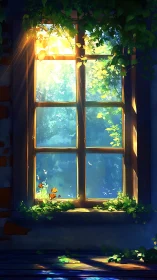 Sunlit window with vines and forest view in soft light.