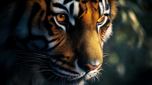 Close-up tiger portrait with intense golden eyes in shadow.