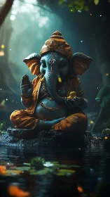 Serene Ganesha statue meditates by a glowing forest pool