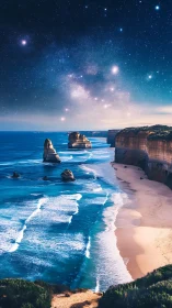 Starlit ocean cliffs under vibrant galactic night sky.