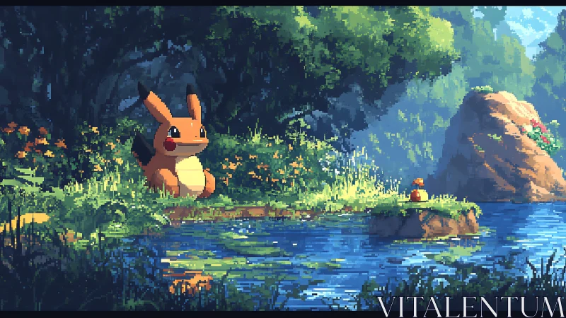 Pixel forest pond scene shows two creatures near water