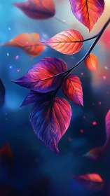 Colorful branch of glowing autumn leaves on dark blue.