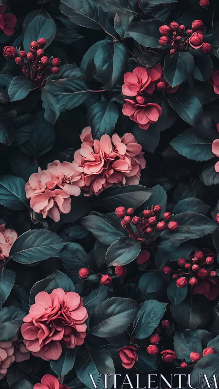 Pink Roses and Ruby Berries Dance Among Deep Teal Leaves.