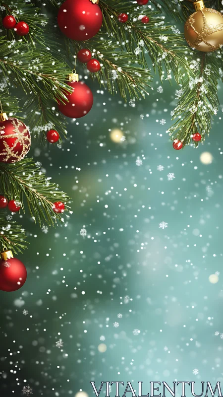 Christmas tree branches with baubles over snowy background.