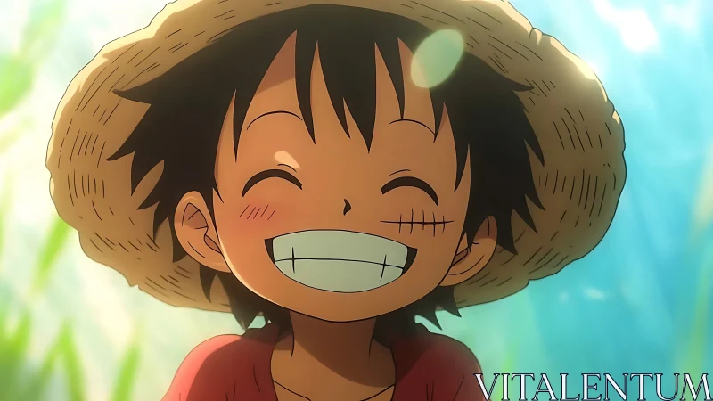 Smiling straw hat boy in warm anime sunlight portrait.