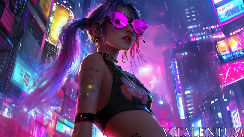 Cyberpunk woman in neon cityscape with reflective glasses.
