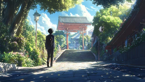 Anime shrine approach under luminous summer canopy perspective.