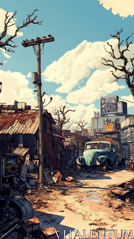 Post-apocalyptic junkyard street with rusted blue car.