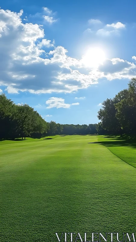 Sunlit fairway view across manicured golf course landscape.