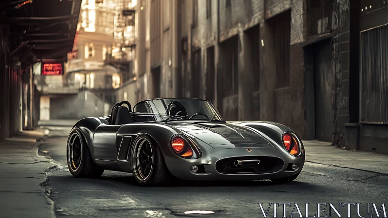 Sleek silver roadster waits in a moody industrial street