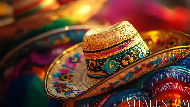 Macro closeup of embroidered straw sombrero in warm bokeh light
