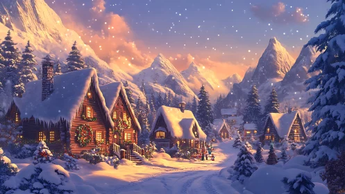 Snowy alpine village with warmly lit holiday cabins at dusk.