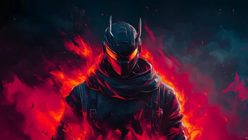 Armored futuristic warrior stands in stylized surrounding flames