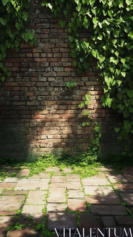 Sunlit ivy quietly softens an old brick garden wall