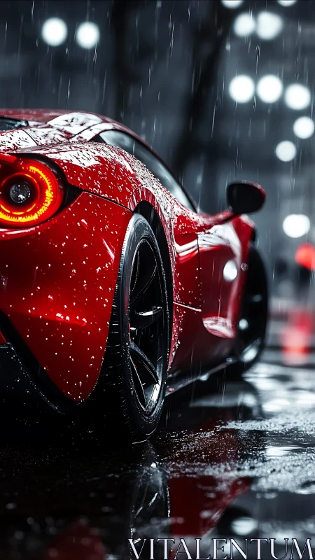 Red supercar tail in neon city rain at night street scene.