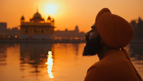 Sikh man in turban at lakeside temple during golden sunset