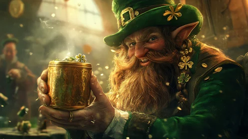 Mischievous leprechaun presents glowing golden clover chest.