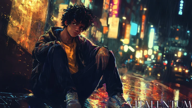 Brooding teen sits in neon city rain, lost in thought.