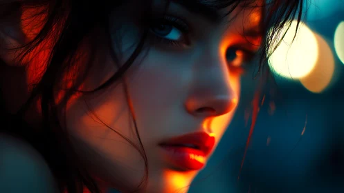Neon-kissed close-up portrait with cinematic bokeh lighting.
