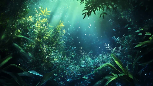 Bioluminescent Underwater Forest: Seagrass Meadow with Radiant Light.