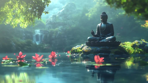 Meditating Buddha statue on mossy rock amid reflective lotus pond