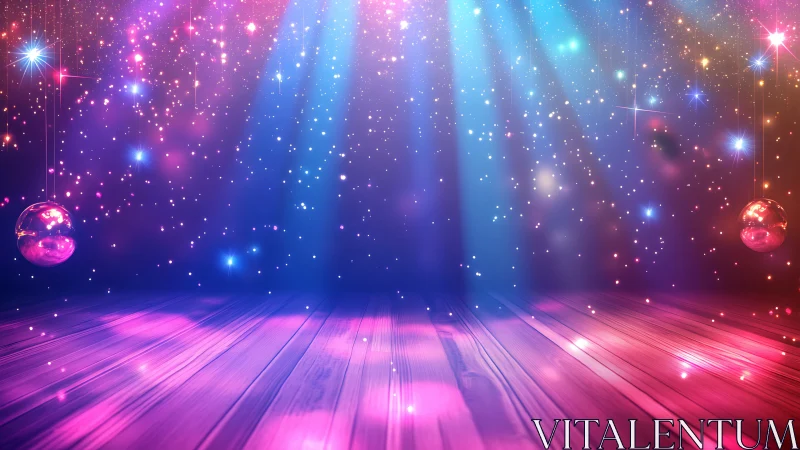 Colorful disco stage with sparkling lights and floor.