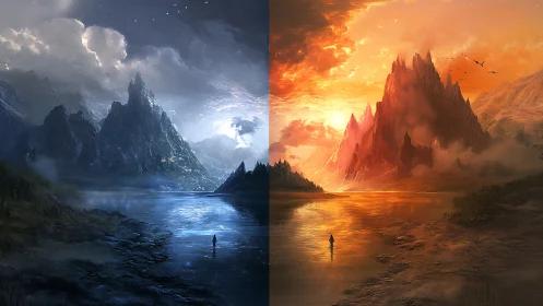 Twin fantasy mountains divide night&rsquo;s chill and dawn&rsquo;s fire