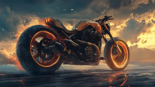 Futuristic motorcycle stands on wet reflective surface at sunset